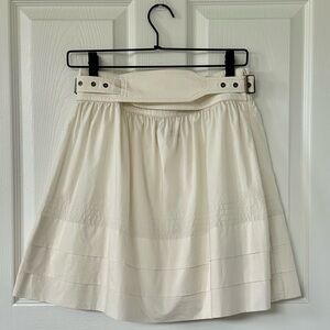 Unsubscribed Cream Mini Belted Cotton Skirt with Pleated A-Line Design